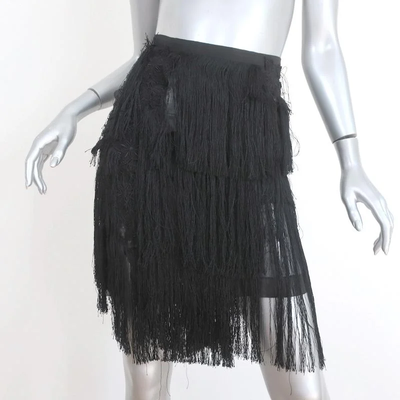 Nina Ricci Fringe Skirt Black Embroidered Taffeta Size 34 high waist skirt