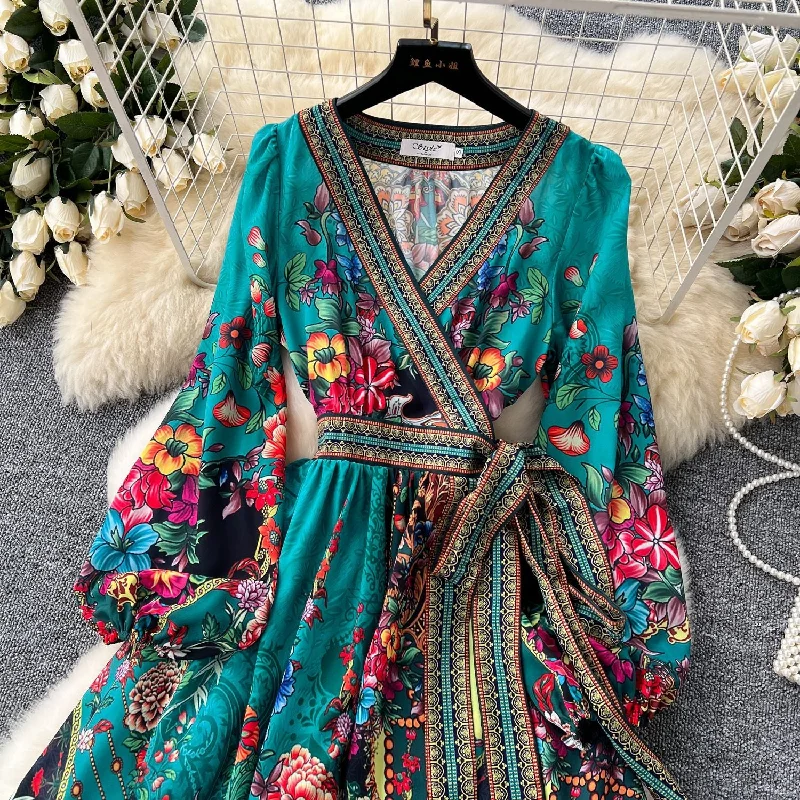 Wjczt party dresses Retro Western Style Fashionable Printed Design Sense One-Piece Tight Waist Lace-up Large Swing Long Sleeve French Style Dress Women Tunics Office stylish