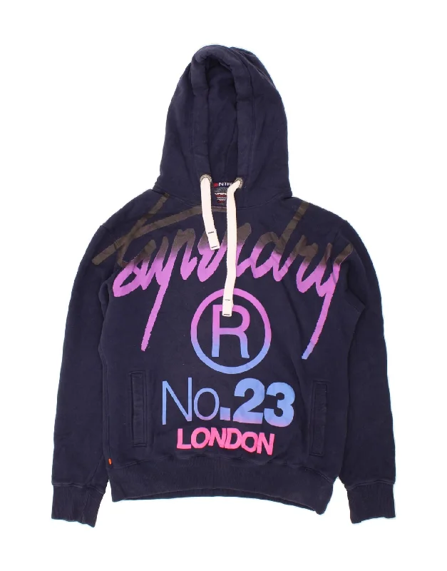 SUPERDRY Womens Graphic Hoodie Jumper UK 18 XL Navy Blue Cotton Hoodie with V-Neck Classic Versatile