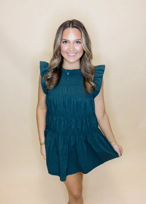Hunter Green Smocked Ruffle Dress Tunics Sophisticated sleek