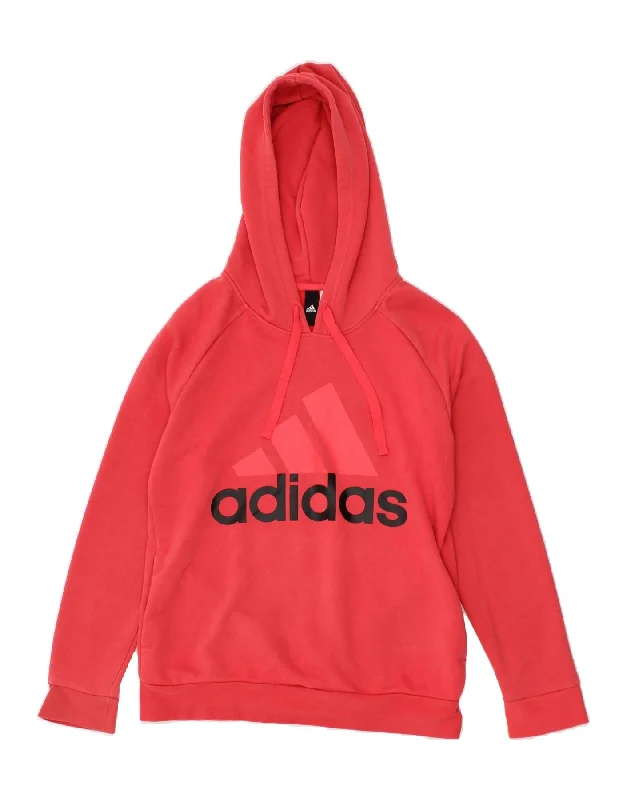 ADIDAS Womens Graphic Hoodie Jumper UK 12/14 Medium Red Cotton Hoodie with Frayed Bohemian Relaxed