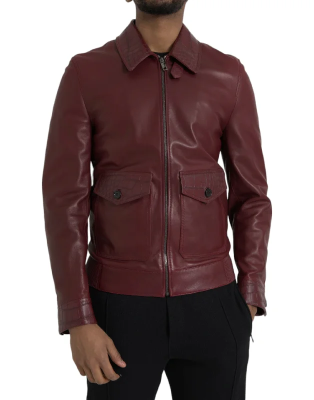 Maroon Exotic Leather Zip Biker Coat Jacket Hoodie Zip-Up Jacket Button-Up Jacket