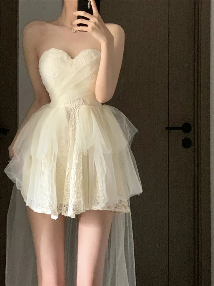 Wjczt Korean style White Party Dresses Women Mesh Lace Slash Neck Strapless Puffy Layered Mini Elegant Ladies Backless Dress Tunics Distressed trendy