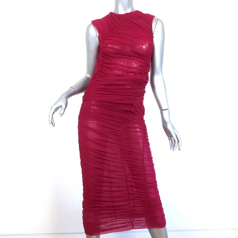 Dries Van Noten Ruched Mesh Top and Midi Skirt Set Fuchsia Size Small linen skirt natural