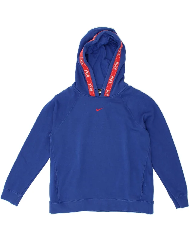 NIKE Womens Graphic Oversized Hoodie Jumper UK 14 Medium Blue Cotton Hoodie with Front Slit Layering Stylish