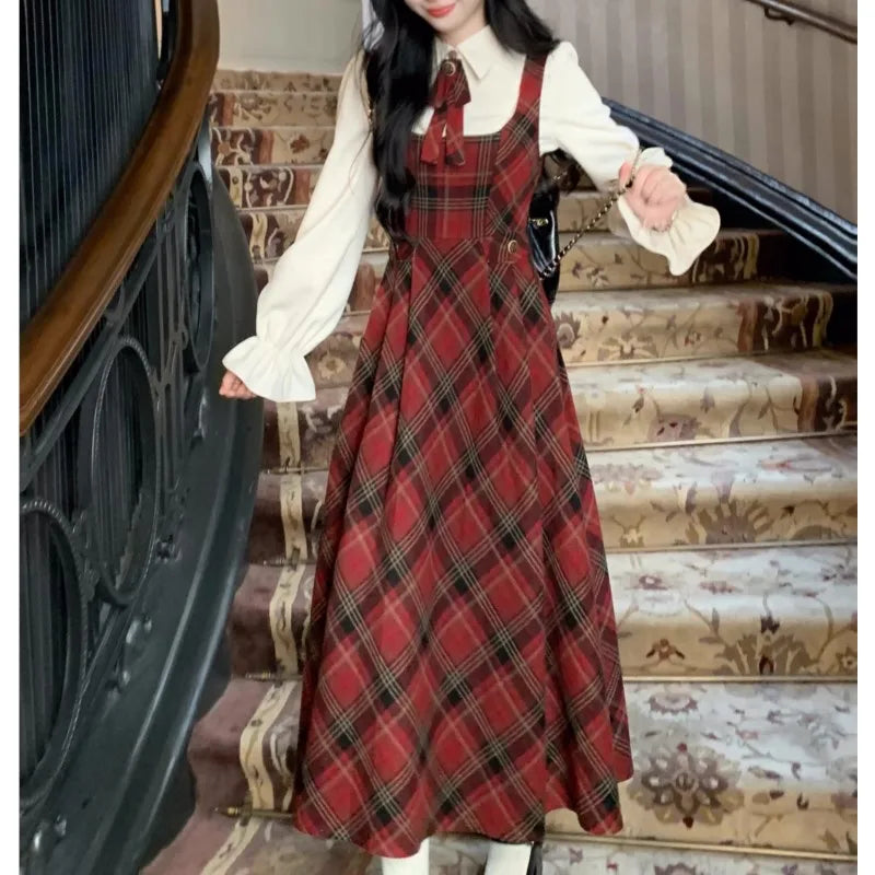 Wjczt French Vintage Two-piece Dress Set Women Flare Sleeve Shirt Red Plaid Strap Dress A-line Autumn Winter New Christmas Party Dress Cowl Neckline Elegant