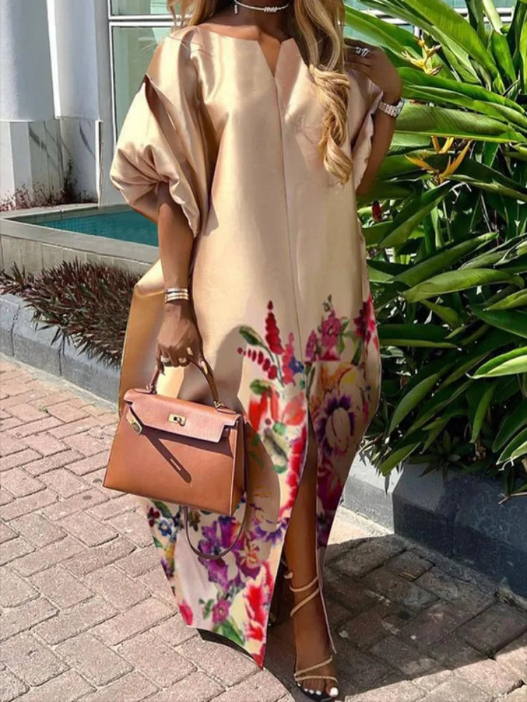 Wjczt Women's Elegant Floral Printed Maxi Dress Boat Neck Puff Sleeves H-line Splited Evening Dresses Floor Length Party Dress Tunics stripes playful