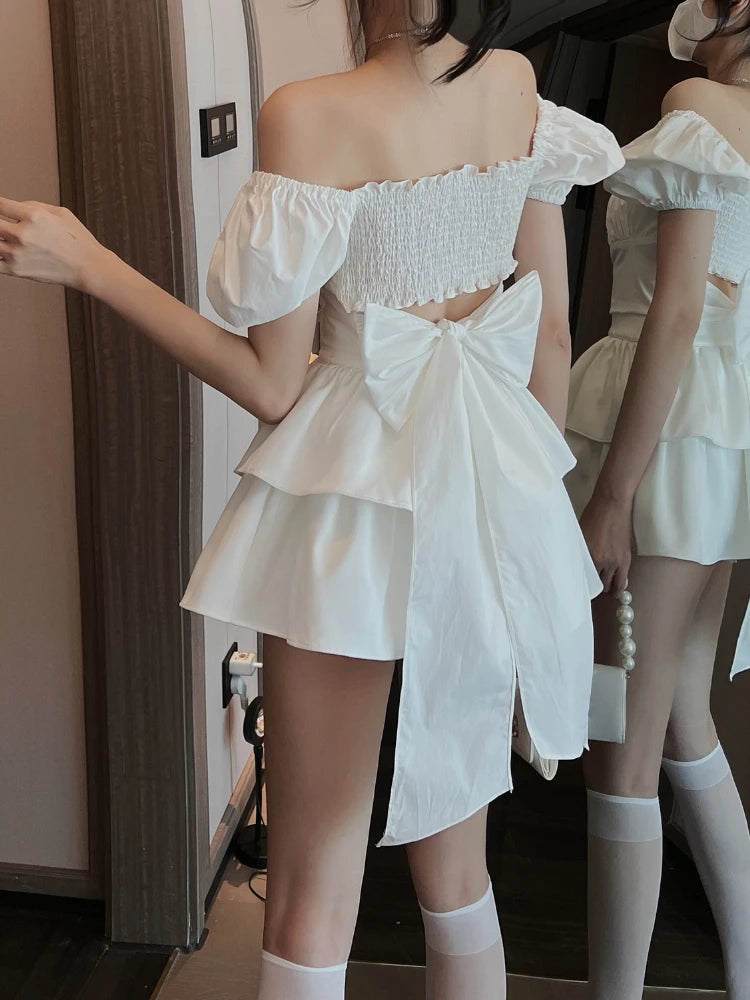 Wjczt White Sexy Backless Mini Dress Women Korean Fashion Casual Elegant Party Dress Female Ruffle Kawaii Lolita Party Y2k Dress Tunics Travel practical