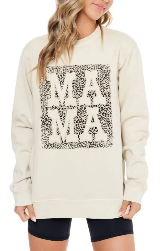 Leopard Mama Graphic Crew Sweatshirt In White Hoodie with Back Slit Movement Comfort