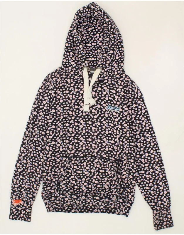 SUPERDRY Womens Hoodie Jumper UK 10 Small Black Floral Cotton Hoodie with Puffed Sleeves Voluminous Trendy