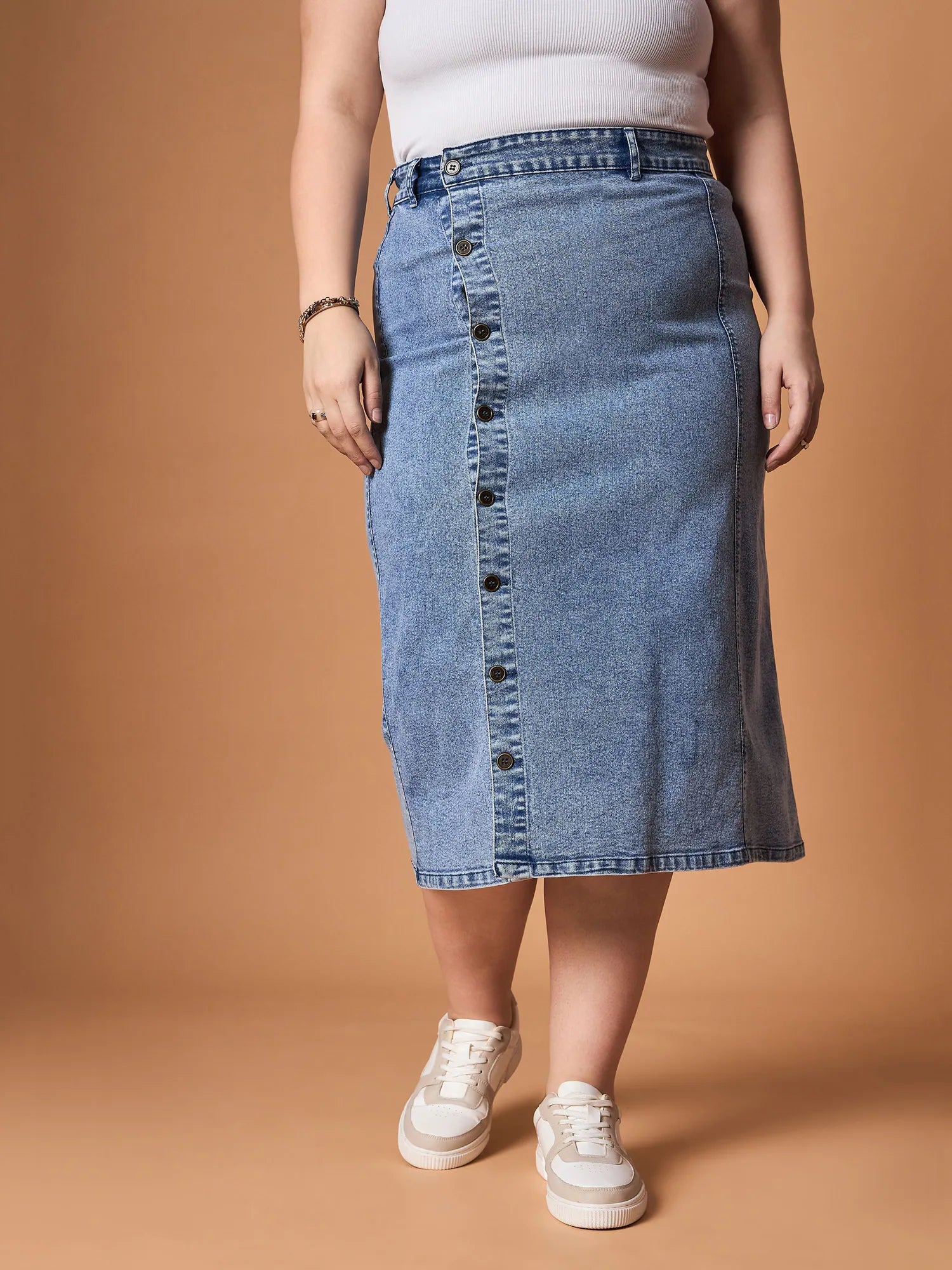 Women Blue Wash Denim Side Button Midi Skirt-SFSKRT30467 chiffon skirt airy