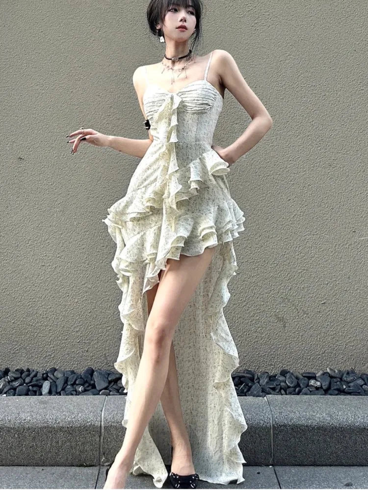 Wjczt Y2K Spaghetti Strap Irregular Dress Women Layered Ruffles Slim Sexy Party Dress Spring New Prom Robe Wedding Vestidos Mujer Tunics New arrival