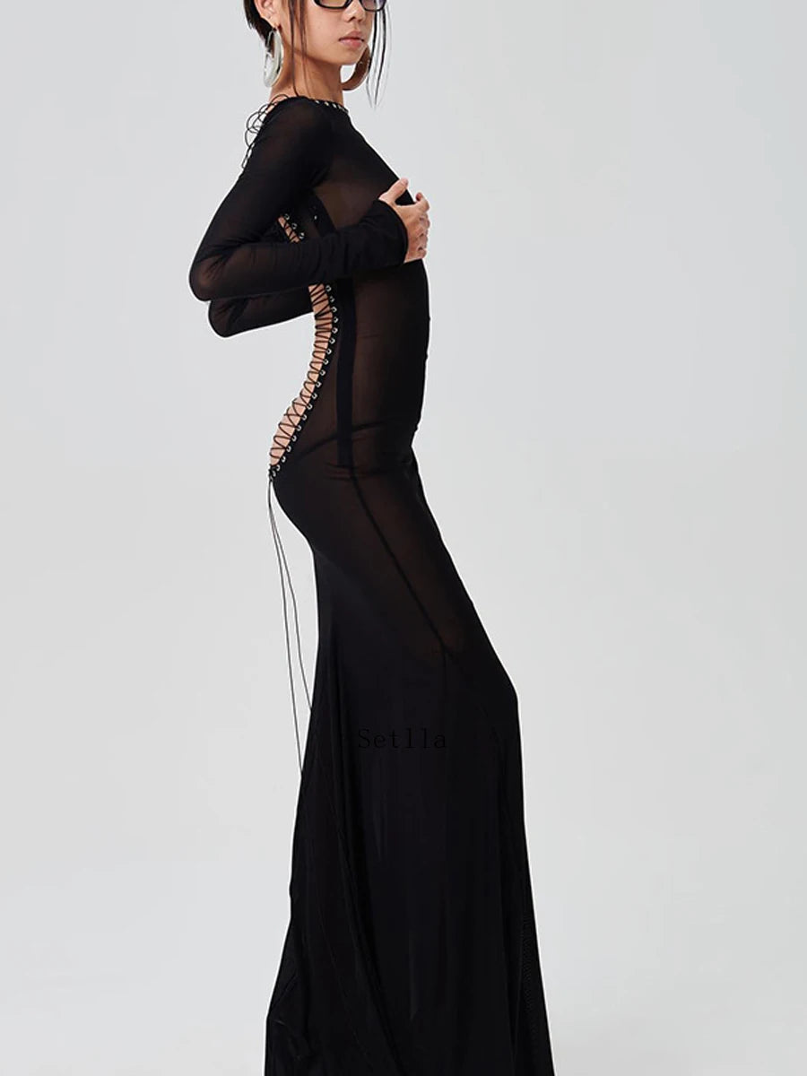 Wjczt Women See Through Bodycon Long Dress Long Sleeve Mesh Sheer Maxi Dress Cross Tie Up Backless Club Party Dress Maxi Dress Tunics Mesh breathable