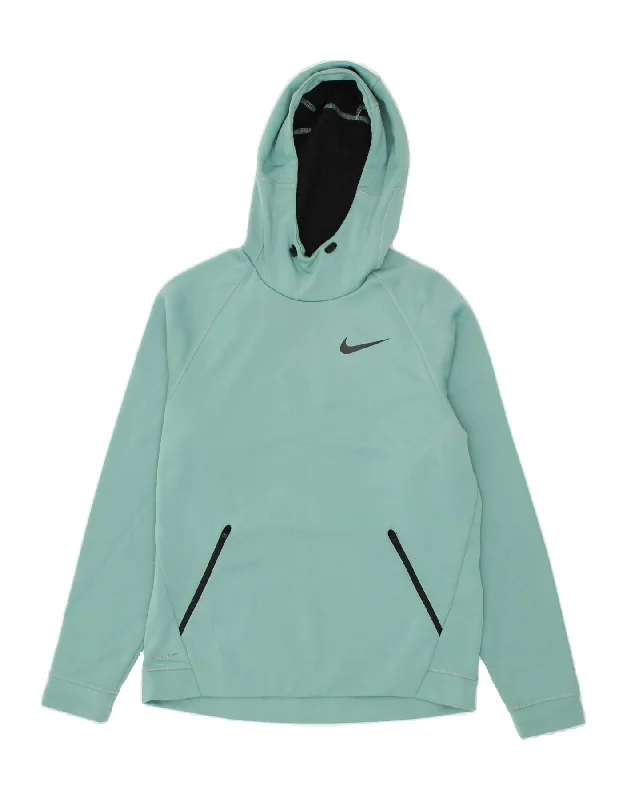 NIKE Womens Dri Fit Hoodie Jumper UK 14 Medium Blue Polyester Hoodie with Hem Embroidery Detailed Premium