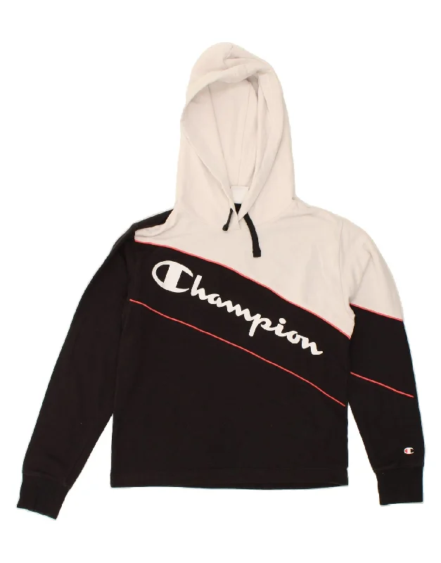 CHAMPION Womens Graphic Hoodie Jumper UK 12 Medium Black Colourblock Hoodie with Patch Decorative Personalized CHAMPION Womens Graphic Hoodie Jumper UK 12 Medium Black Colourblock Hoodie with Patch Decorative Personalized