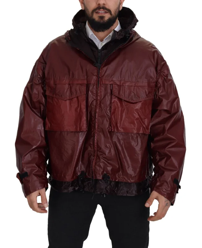Elegant Bordeaux Full Zip Hooded Jacket Satin Jacket Silk Jacket Chiffon Jacket