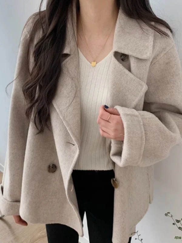 Autumn and winter French double-breasted loose, casual and versatile long-sleeved warm woolen jacket Bomber Jacket Anorak Windbreaker