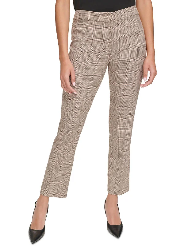 Petites Womens Mid-Rise Glen Plaid Straight Leg Pants Trendy Wide-Legged Trousers