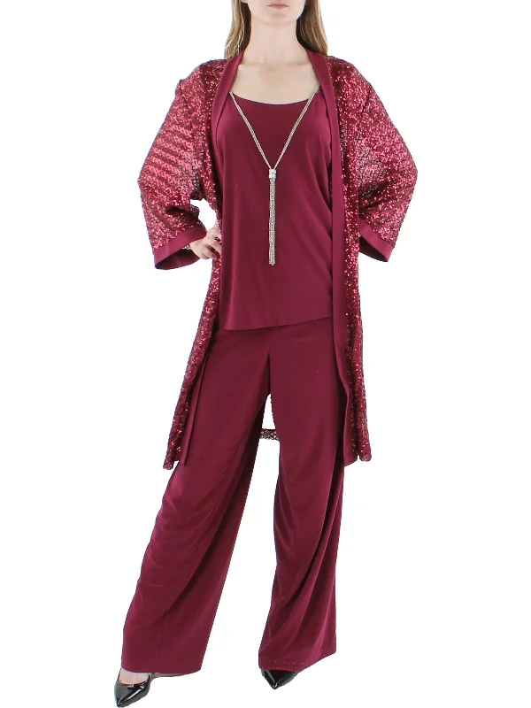 Plus Womens 3PC Sequined Pant Outfit Elegant Wool Trousers