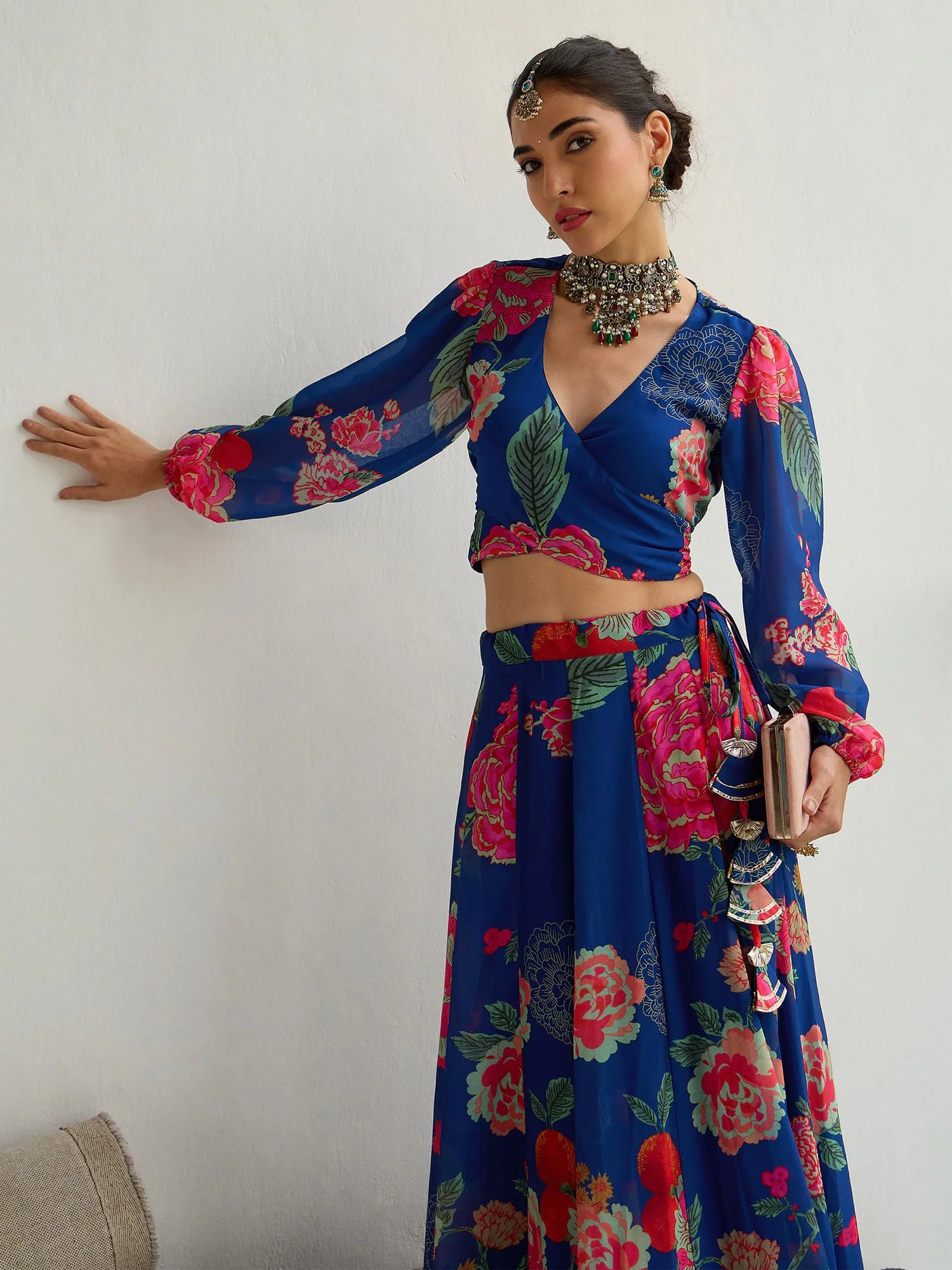 Women Navy & Red Floral Wrap Top With Anarkali Skirt-SHSET96056 lace skirt delicate