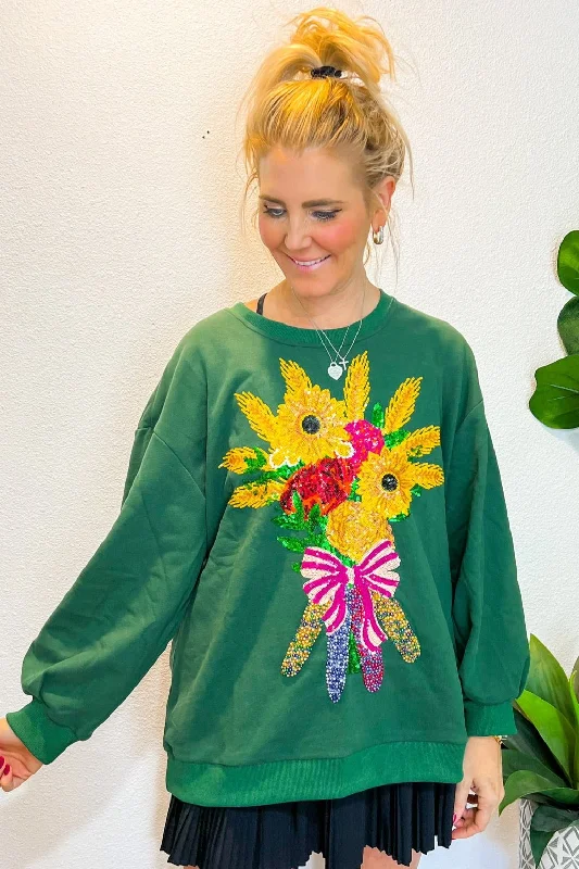 Fall Bouquet Sweatshirt - Dark Green Hoodie with Elastic Cuffs Stretchable Comfortable