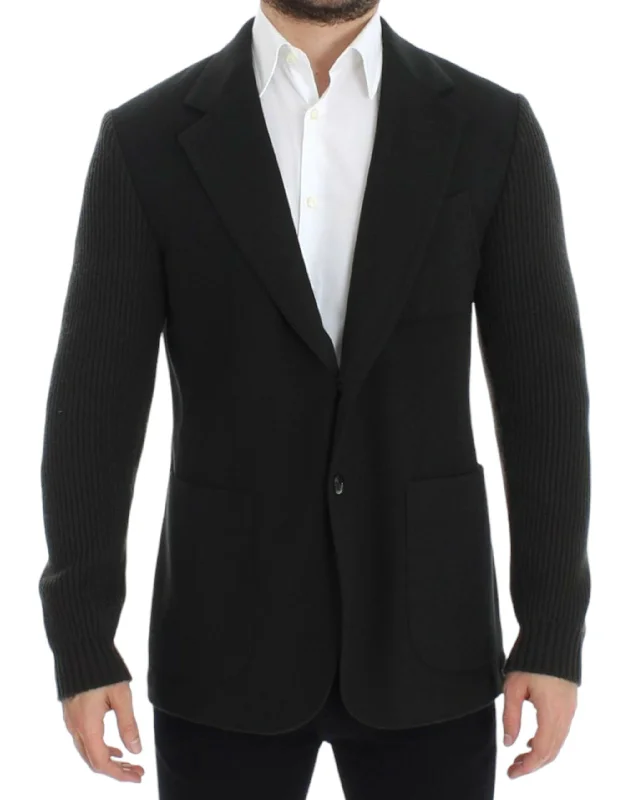 Elegant Green Cashmere Blazer Jacket Zippered Front Buttoned Front Snap Front