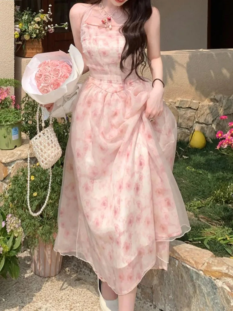 Wjczt Y2K Elegant Print Halter Dresses for Women Sweet Pink Casual Print Chiffon Sleeveless Party Dress Fairy Princess Vestido Mujer Tunics Denim casual
