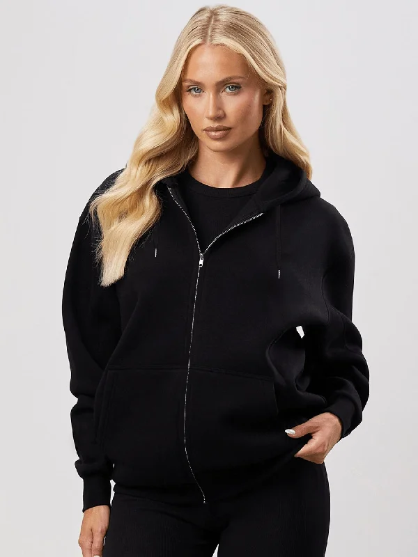 WOMEN'S JET BLACK FLEECE ZIPPER HOODIE Hoodie with Relaxed Fit Easy Casual