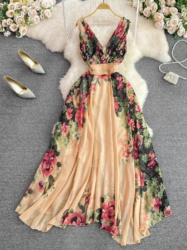 Wjczt Elegant Evening Party Dress Women Sexy V-neck Floral Printed A-line Long Dresses Ladies Sleeveless Slim A-line Chiffon Long Robe Satin Halter Glamorous
