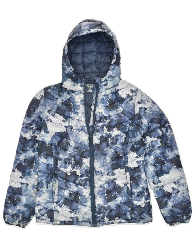 MOUNTAIN WAREHOUSE Womens Hooded Padded Jacket UK 10 Small  Blue Floral Front Pockets Side Pockets Patch Pockets