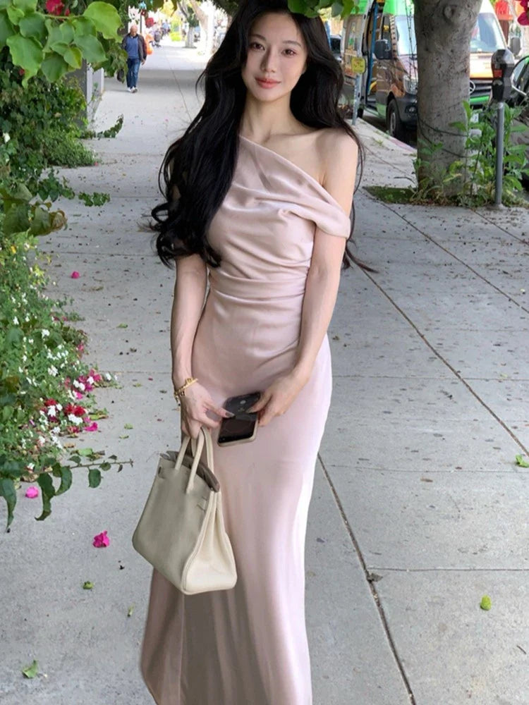Wjczt Elegant Bodycon Satin Long Dresses for Women Off Shoulder Solid French Mermaid Wedding Evening Party Dress Prom Robe Vestidos empire Waist empire