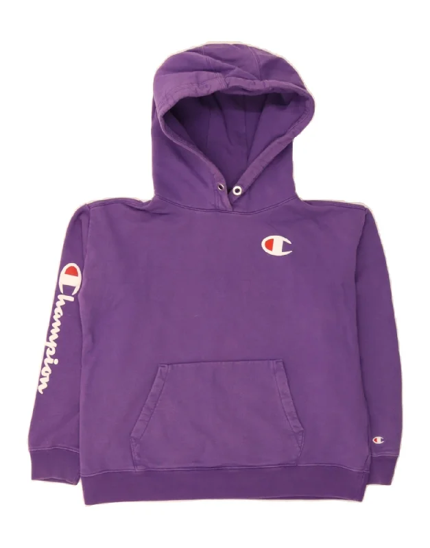 CHAMPION Womens Graphic Hoodie Jumper UK 10 Small Purple Cotton Hoodie with Drop Shoulder Relaxed Streetwear