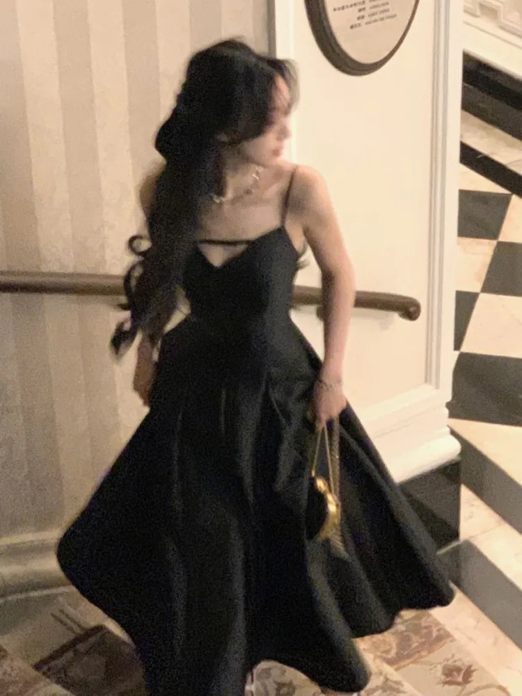 Wjczt Elegant Solid Princess Evening Party Dress French Romantic Black Big Hem Graduation Dresses Korean Summer Strap Wedding Vestidos Tunics Fleece cozy