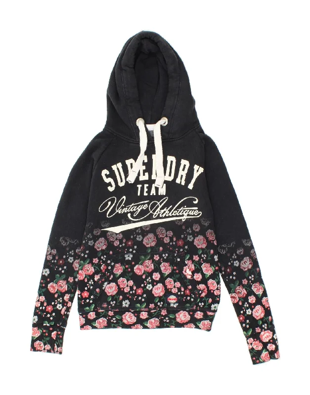 SUPERDRY Womens Graphic Hoodie Jumper UK 6 XS Black Floral Cotton Hoodie with Bell Sleeves Flared Feminine