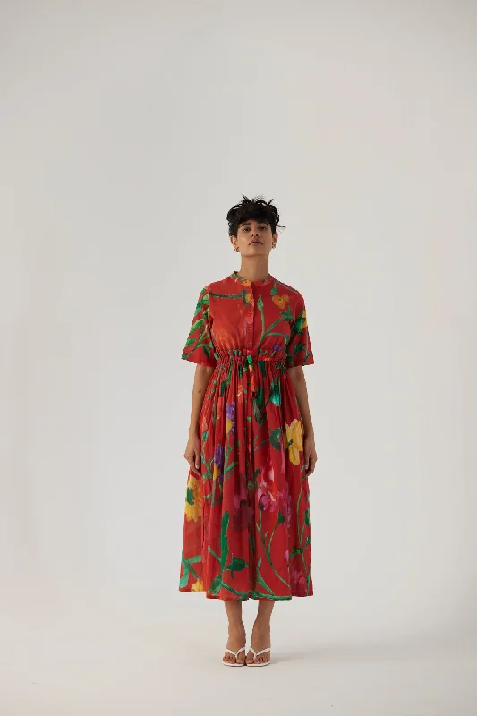Big Botanical Red Gathered Dress Tunics Chic elegant