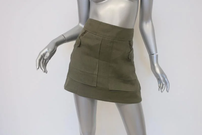 Veronica Beard Crandon Cargo Mini Skirt Army Green Linen-Blend Size 0 tiered skirt playful