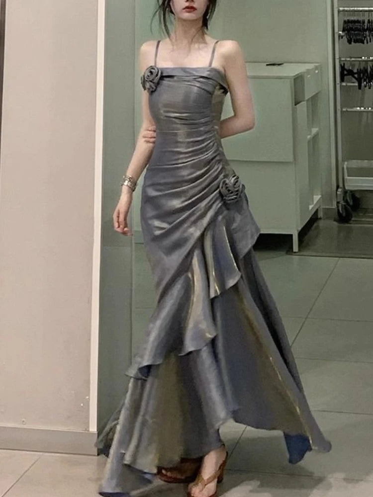 Wjczt Korean Vintage Velvet Long Dress Women Luxury Slim Mermaid Spaghetti Strap Floral Dress Elegant Sexy Casual Evening Party Dress Crew Neckline Casual