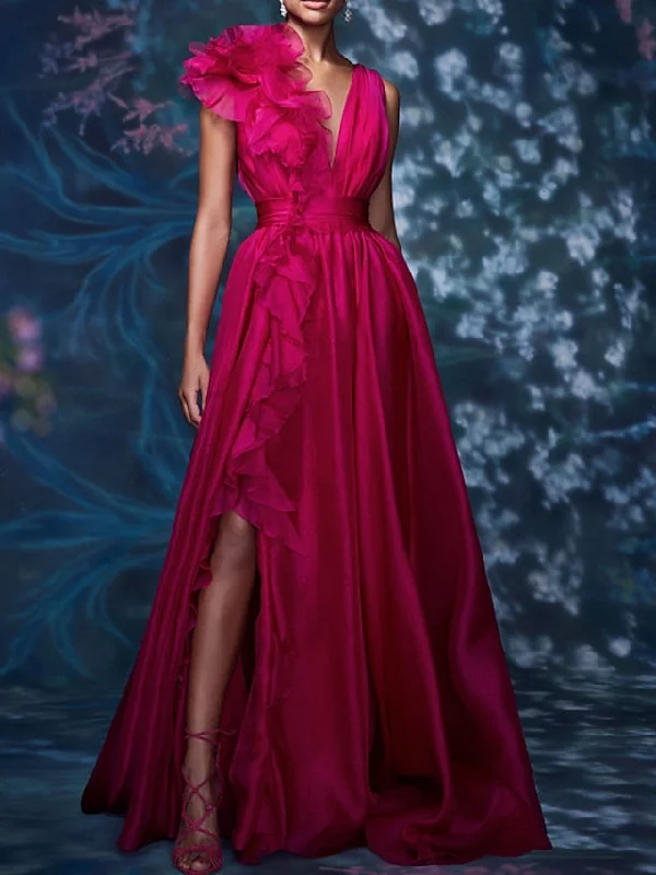 A-Line/Princess V Neck Sleeveless Floor-length Long Formal Evening Floar Dresses with Split Side Tunics Plaid country