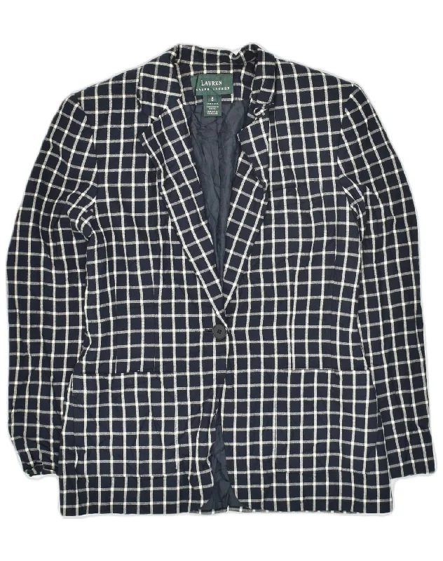 RALPH LAUREN Womens 1 Button Blazer Jacket US 6 Medium Navy Blue Check Insulated Jacket Fitted Jacket Loose Jacket