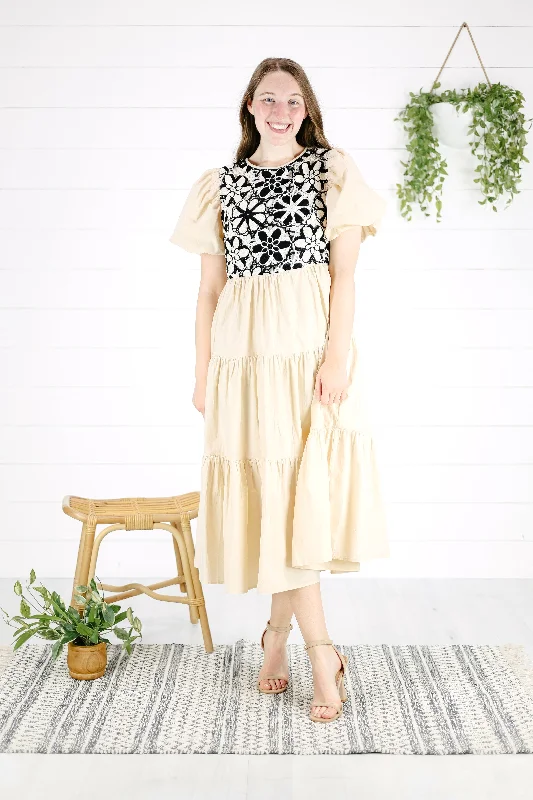Dolce Crochet Floral Dress - Taupe empire Waist empire