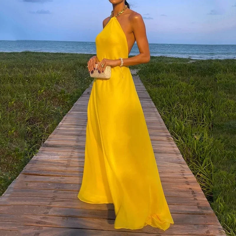 Wjczt Women Maxi Dress Elegant Solid Yellow Sleeveless Chain Halter Neck Backless Evening Party Dresses High Streetwear Tunics Summer linen