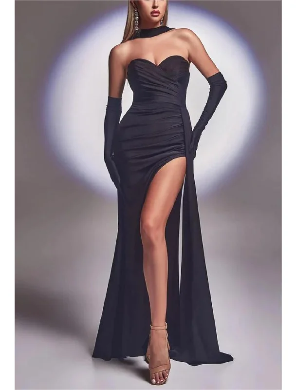 Mermaid / Trumpet Evening Gown Party Dress Carnival Prom Court Train Sleeveless Strapless Convertible Stretch Satin with Ruched Slit include gloves Tunics Exclusive limited