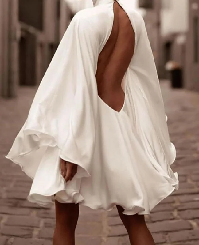 Wjczt Women Evening Dresses 2023 Fashion Sexy Backless Satin Party Dresses Flare Sleeve Stand Collar Short Robes Chic Vestidos Tunics Exclusive limited