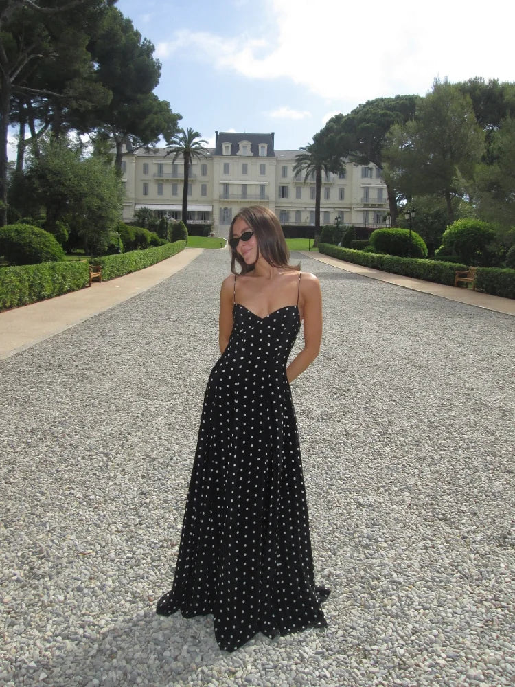 Wjczt Polka Dot Printed Spaghetti Strap Long Robes 2024 Summer Classic High-waist A-line Party Dress Lasy Streetwear Maxi Dresses Tunics Prom sequined