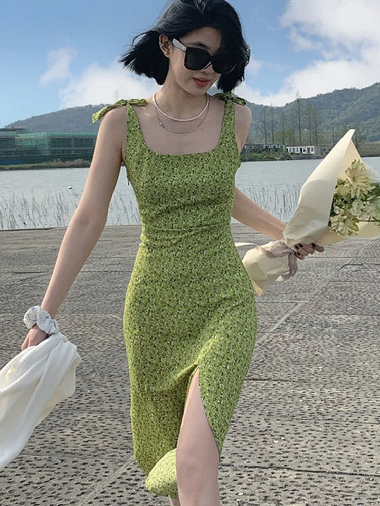 Wjczt Green Elegant Floral Midi Dress Women Casual Vintage Sexy Split Slip Dress Female 2024 Summer Korean Style Slim Club Party Dress Pencil Length Work
