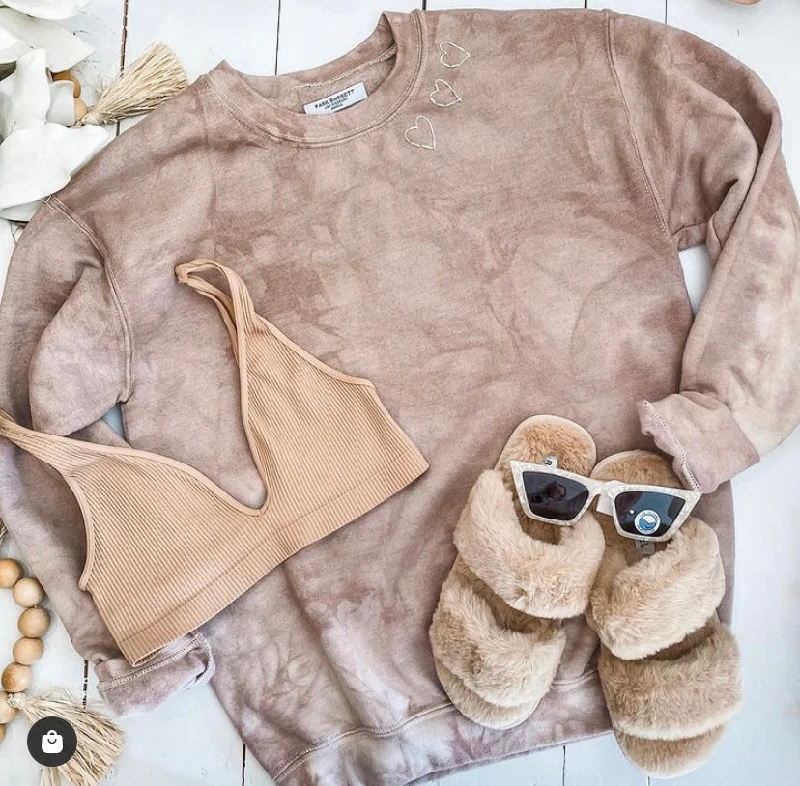 Camel Tie Dye Crew Sweatshirt Hoodie with Hem Applique Textured Unique
