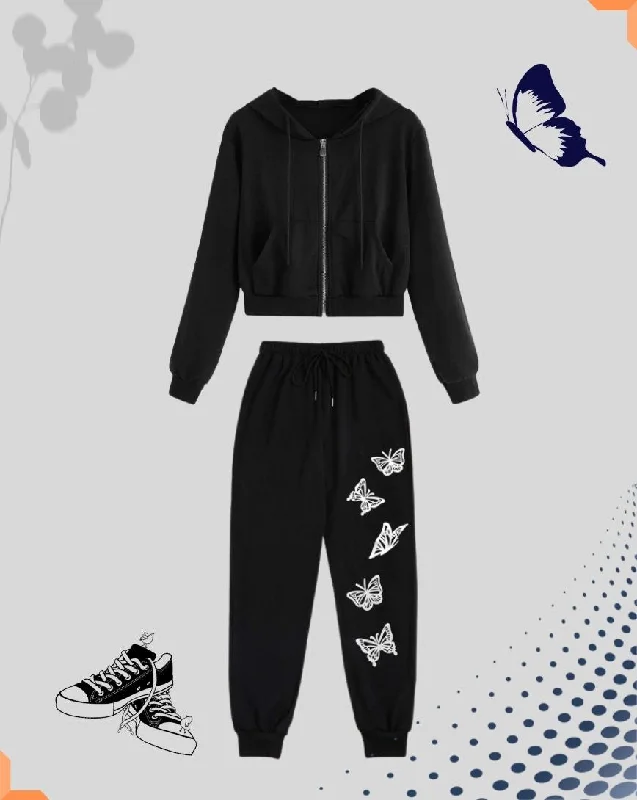Luxury Zip Up Pouch Pocket Drawstring Hoodie with Butterfly Print Jogger Set - Black Hoodie with Hem Frayed Vintage Worn