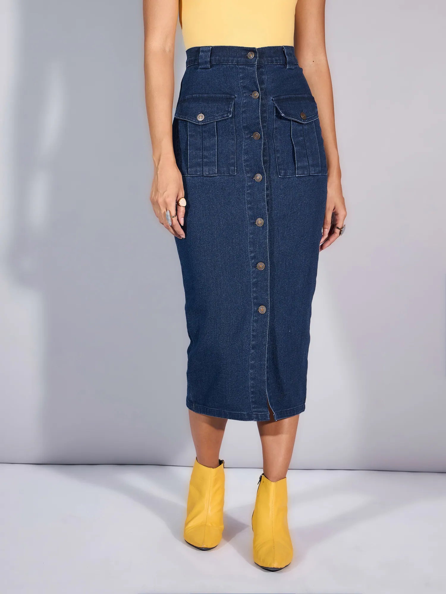 Women Blue Blast Denim Front Button Midi Skirt-SFSKRT30453 wool skirt warm