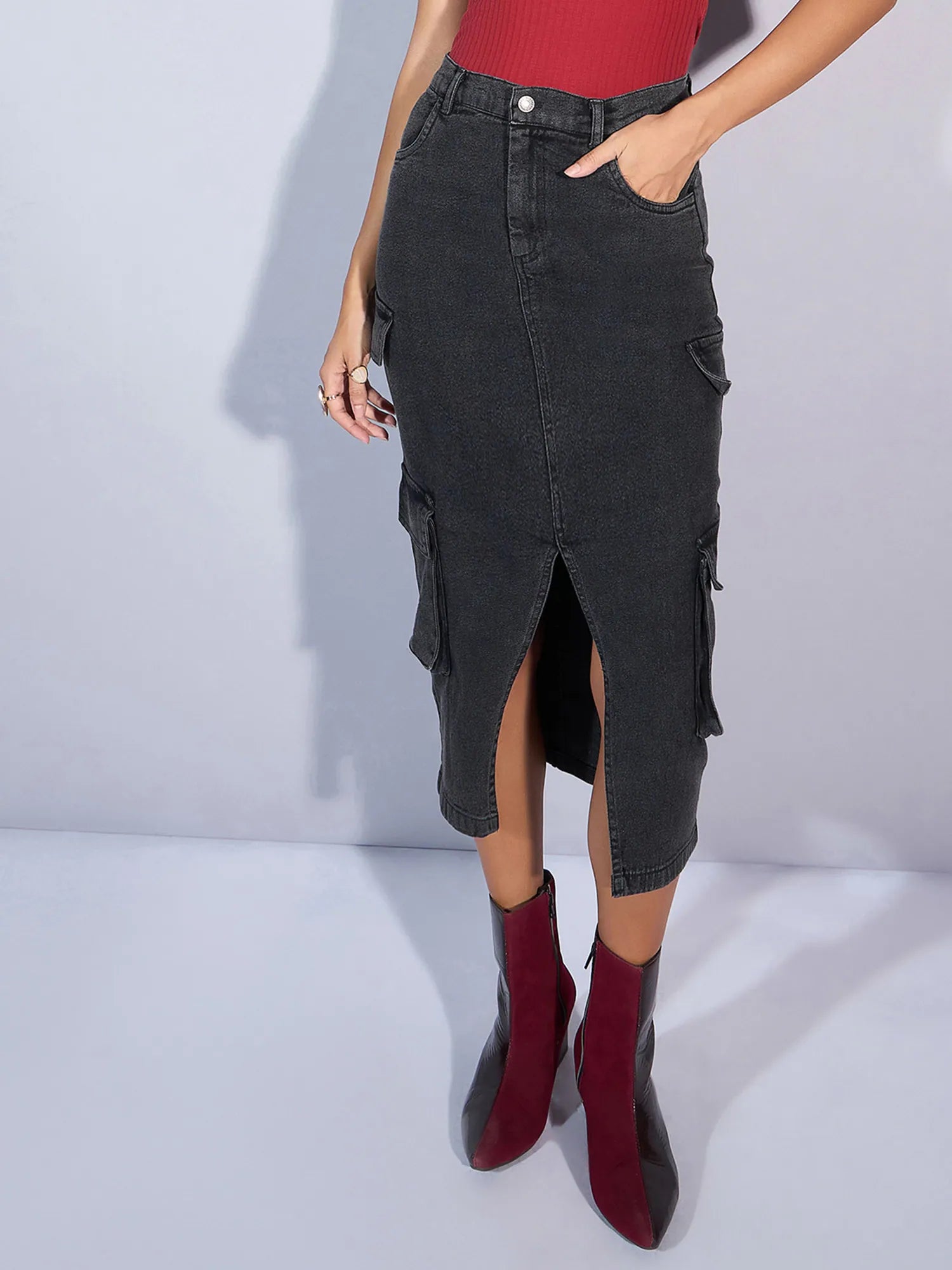 Women Black Denim Box Pocket Front Slit Midi Skirt-SFSKRT30451 corduroy skirt cozy