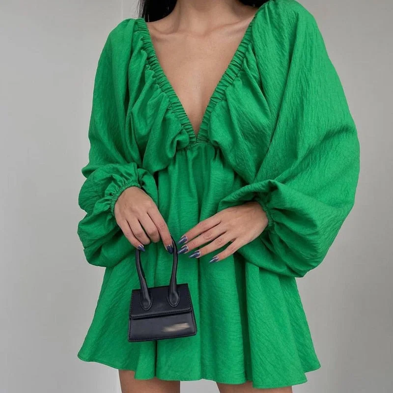 Wjczt Women Elegant Solid Loose Cotton Dress Summer Casual Long Sleeve Ruffle Dress Ladies Fashion V Neck  A-line Party Dress Vestido Tunics Winter warm